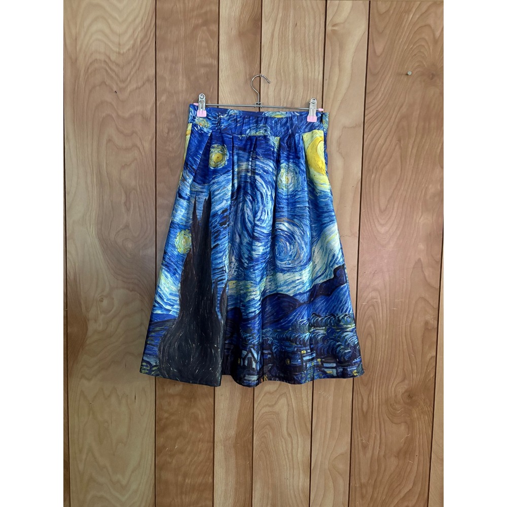 Van Gogh Starry Night Print Pleated Midi‎ Skirt Blue Yellow Art History Size S